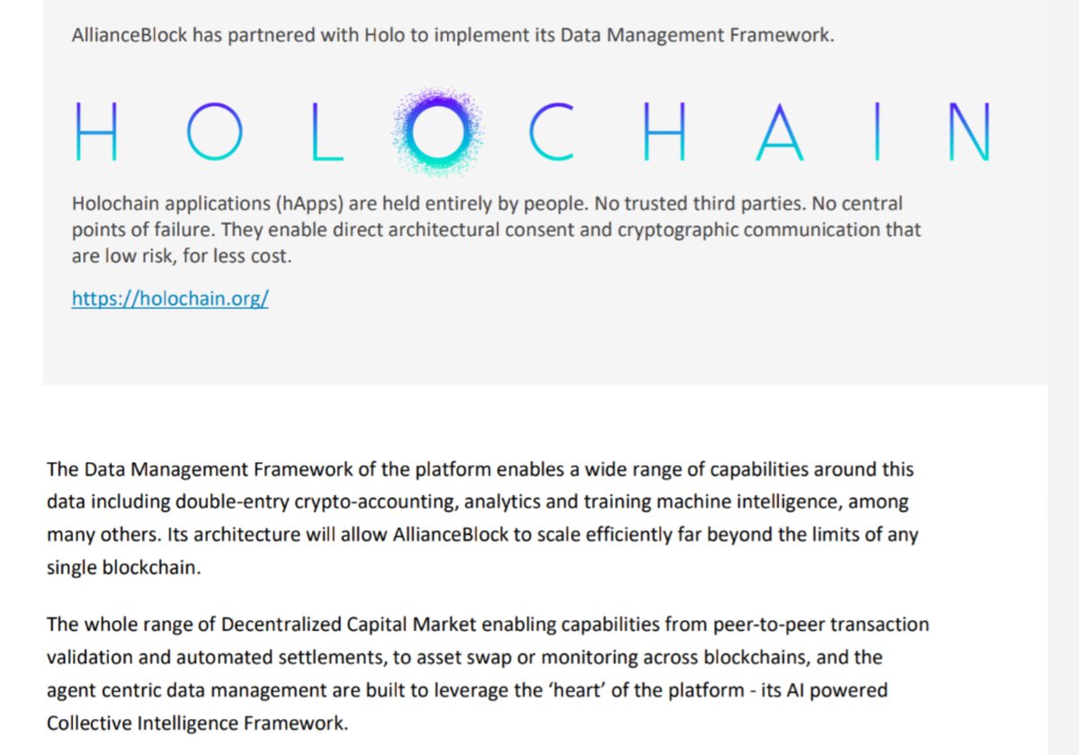 HolochainThings's tweet image. &quot;Its (Holochain) architecture will allow #AllianceBlock to scale efficiently far beyond the limits of any
single blockchain.&quot;

Top projects like @allianceblock are fully engaged with #Holochain&apos;s outstanding technology. Scalable.

#Nextnet 

Green Paper: allianceblock.io