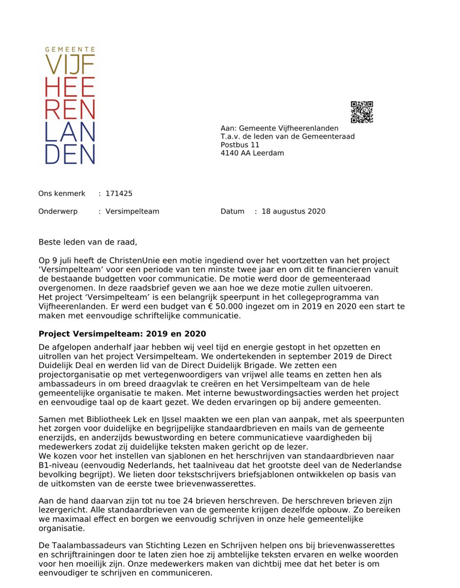 DicoBaars's tweet photo. Anderhalf jaar geleden is op initiatief van @ChristenUnieVHL een #versimpelteam aan de slag gegaan met eenvoudige communicatie vanuit de overheid. Hoe staat het er eigenlijk mee? Het college stuurde deze #voortgangsbrief naar de raad. 👇🏻 https://t.co/V3t9zQjMhC