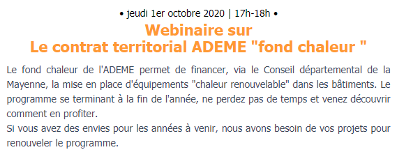 La transition énergétique est l'affaire de tous. Collectivités, entreprises et nous même avons un rôle à jouer. <a href="/lamayenne/">La Mayenne, le Département</a> et Synergies organisent un webinaire le 1/10 pour  savoir comment avoir des aides de l'<a href="/ademe/">ADEME</a>. 
@atlanbois <a href="/_Atlansun_/">Atlansun 🌞</a> <a href="/FRcumaOuest/">cuma de l'Ouest</a> 
bit.ly/2YArykI