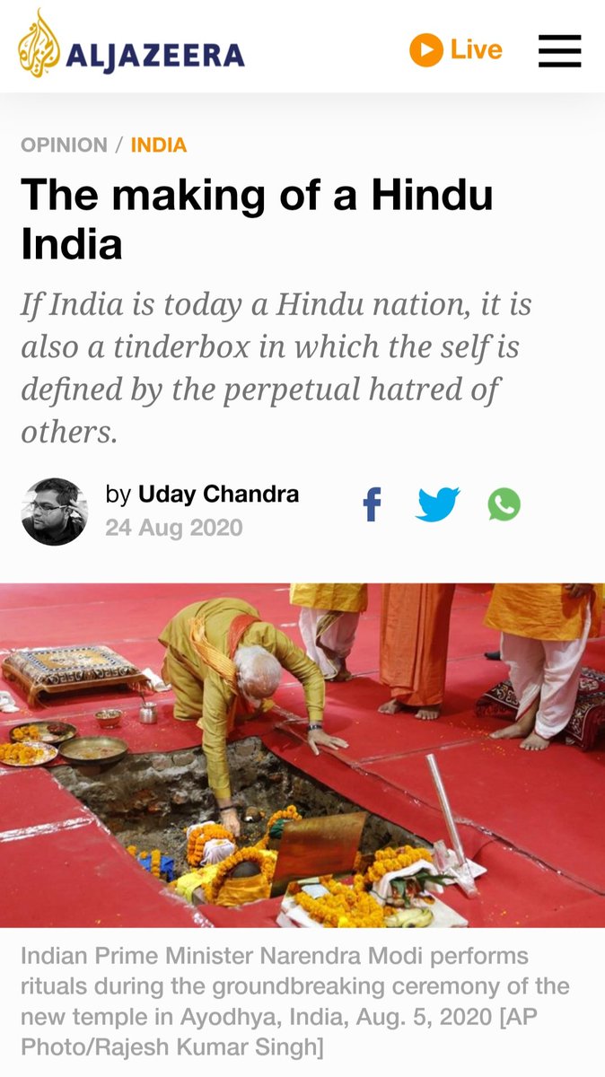 @ chandrauday proves one thing ...you write any scrap shaming Hindu ...and you will get space at  @AlJazeera_World ... Such is the bigotry ... best way to get published on Al Jazeera https://www.aljazeera.com/indepth/opinion/making-hindu-india-200820104806024.html?s=08