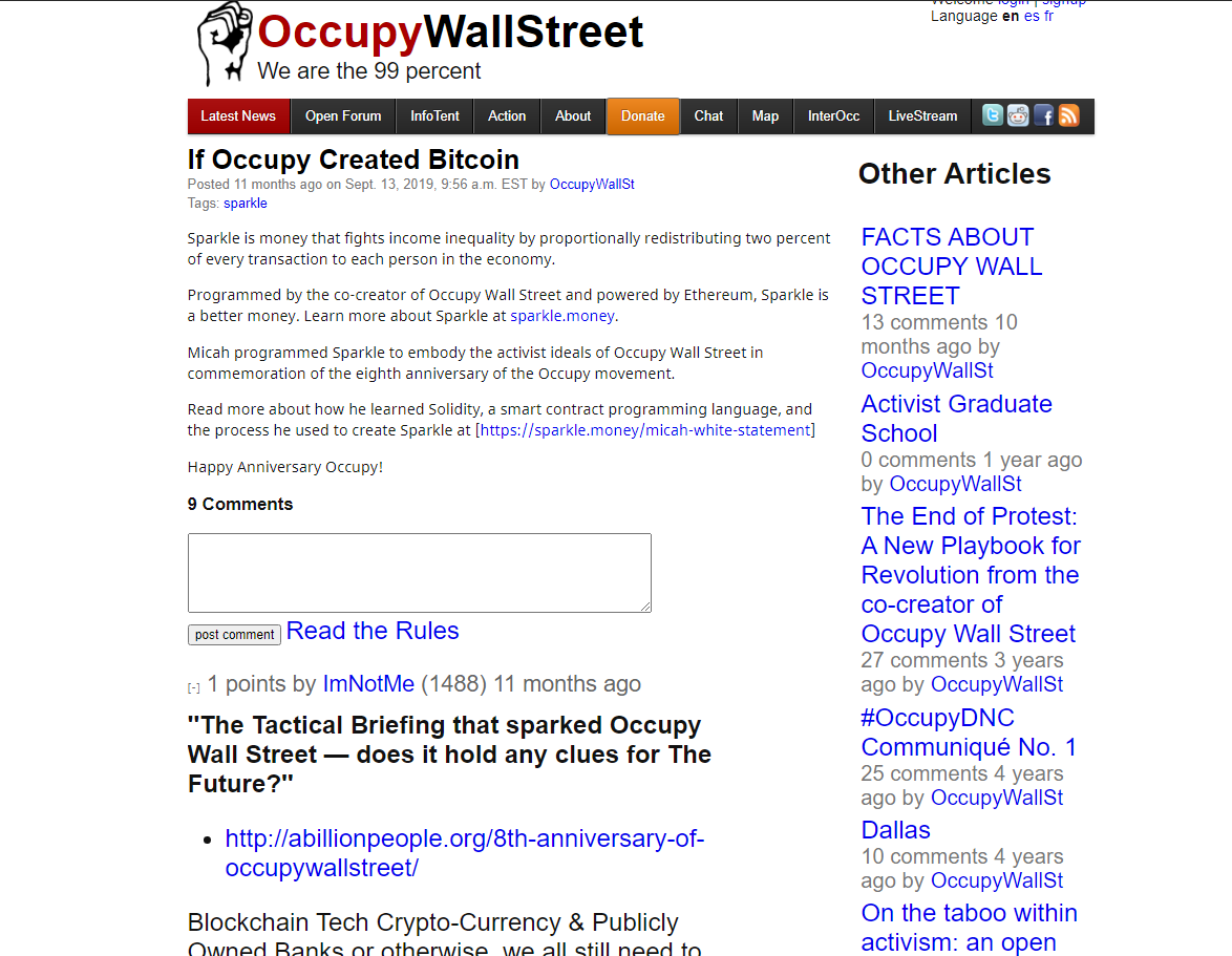 This international Extinction Rebellion, Guerrilla foundation. Abillionpeople, and Adbusters group has it's own blockchain currency, called Sparkle.Adbusters is the same group that did Occupy Wallstreet 9-17-11. http://occupywallst.org/article/if-occupy-created-bitcoin/