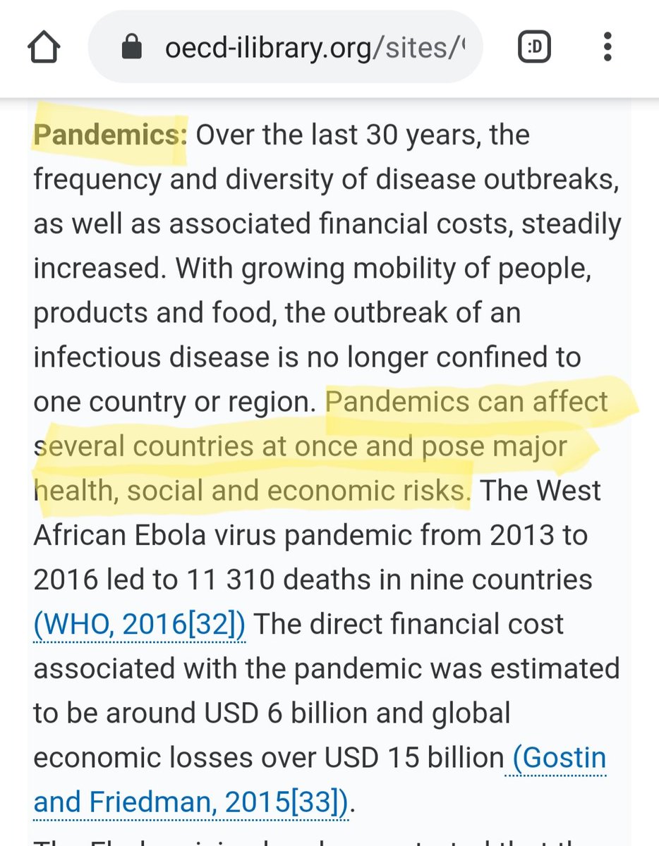 9) This 2019 OECD report on financing for Sustainable Development talks about how pandemics affect the SDG's. The last page mentions the World Bank's Pandemic Emergency Financing Facility, as well as CEPI, Wellcome Trust, Gates, the WEF, and creating vaccine programs.
