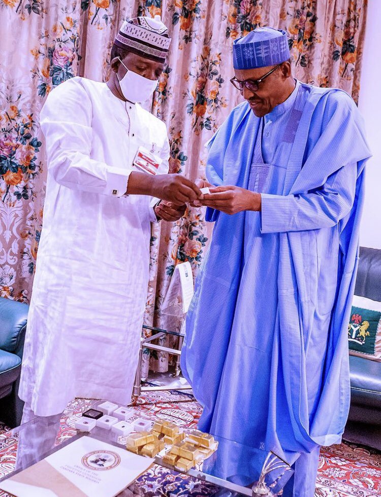 1. Now the North has claimed the gold as their “spoils,” & called it their “GOLD!!” They have hailed their sons Buhari & the governor of Zamfara State, Bello Mattawalle, for mining the gold in his state, & presenting some in Gold bars to Buhari at the Villa.