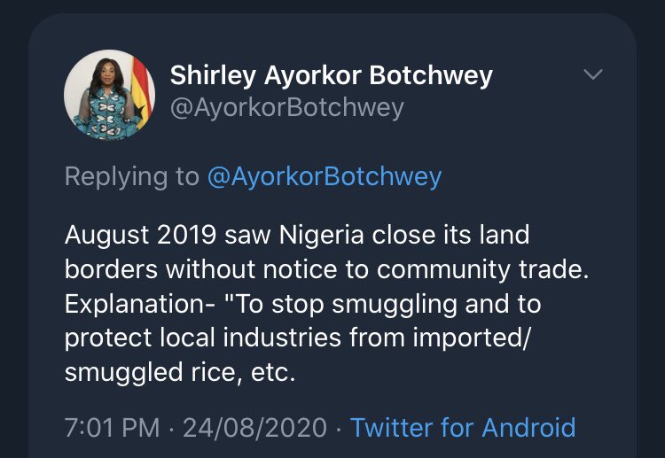 7. On a lighter note: Ghana Minister of Foreign Affairs & Regional Integration, has this to say on the boarder closure by Nigeria, & the rift between both countriesNigerian businesses are now paying the price in what could be tagged “reciprocity” by Ghana for the border closure
