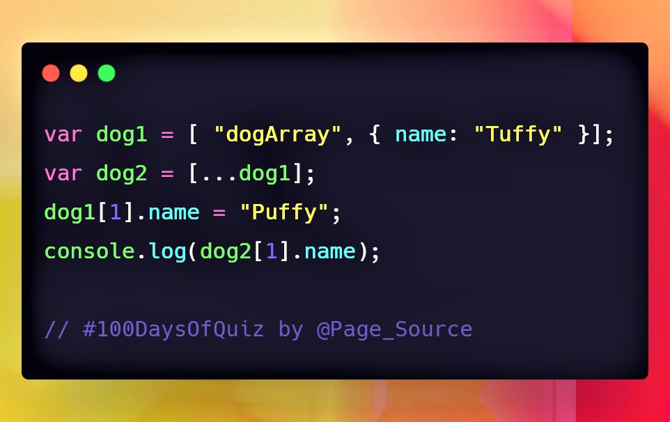 Day 26 question in  #JavaScript 100 Days Of QuizFollow this whole thread for the previous questions" What is logged in the console for below code which uses Spread operator? " #100DaysOfCode  #100DaysOfQuiz  #DEVCommunity  #DevComIN  #webdev