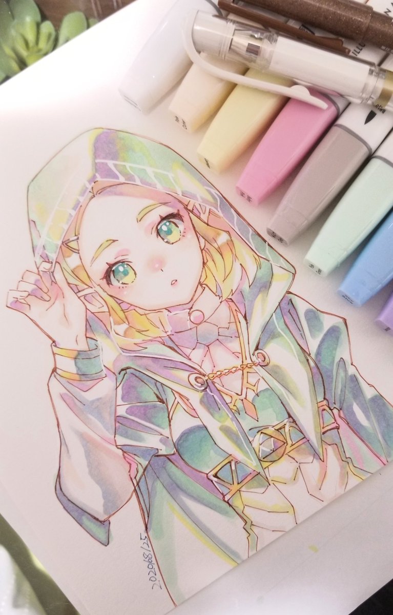 princess zelda 1girl traditional media solo hood blonde hair pointy ears looking at viewer  illustration images