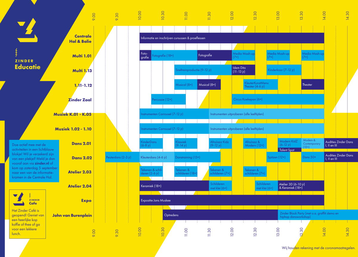 Het wordt net als andere jaren een feestje bij de Open Dag! Meld je nu alvast aan voor de Instrumenten Carrousel of een van de muziek-, dans-, theater-, beeldende kunst- en multimediaworkshops.

Meer info &amp; aanmelden: bit.ly/zinder-opendag