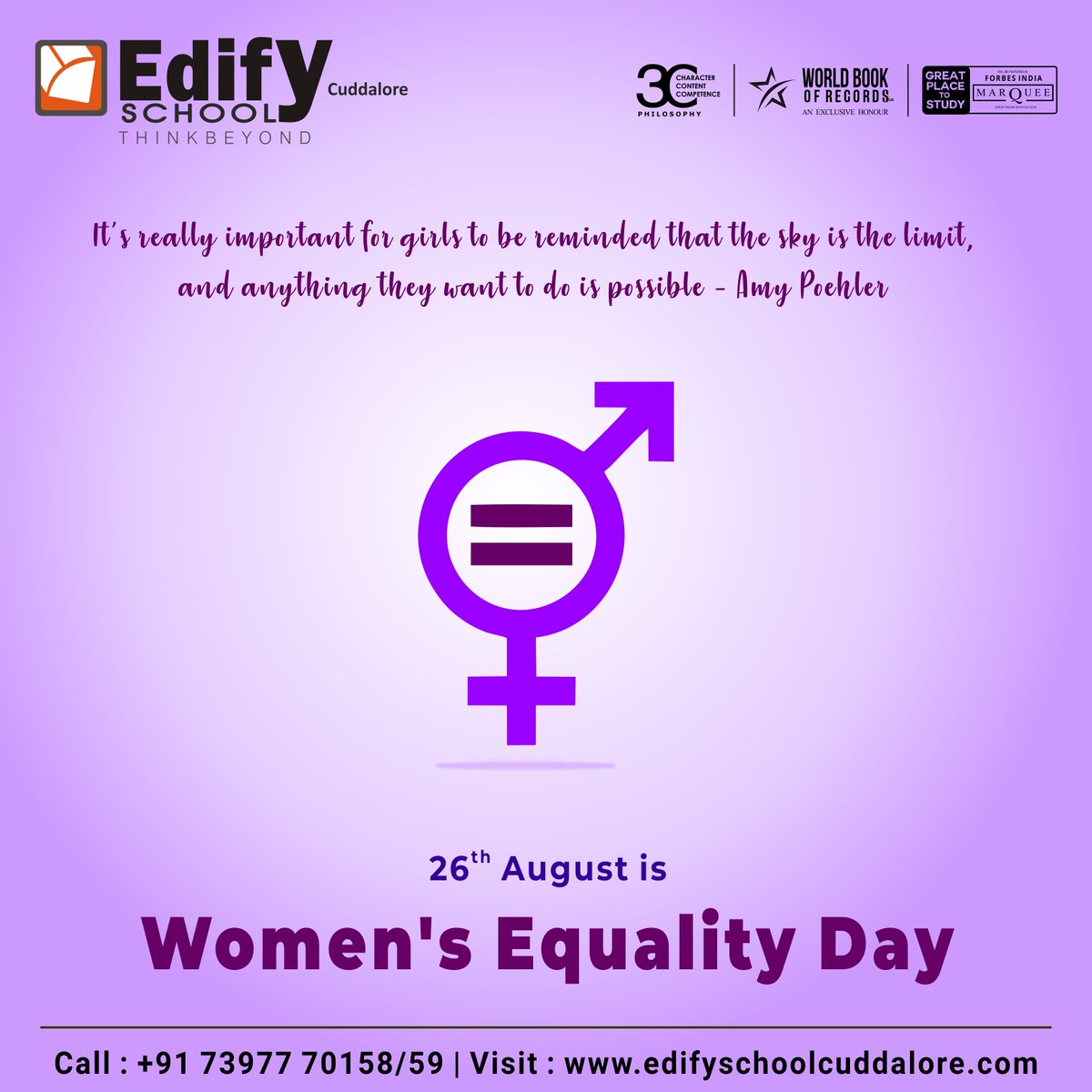 edifycuddalore's tweet photo. Women's Equality Day

It's really important for girls to be reminded that the sky is the limit, and anything they want to do is possible - Amy Poehler https://t.co/DBuDGwyKKL