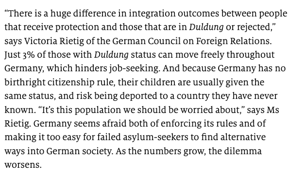 How to fix this in the future? We need a strategy what to do with the 1/4million people without legal status in .  @TheEconomist nails it: "Germany seems afraid both of enforcing its rules and of making it too easy for failed... 11/12