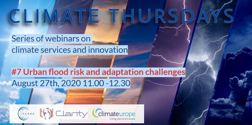 FrancescaLaros1's tweet photo. The #ClimateThursdays webinar series continues with #Climateservices for #urban #flood #risk and #adaptation challenges. 
➡️featuring @Oasis_HUB and @SaferPlacesCKIC , 
♥️ hosted by #CLARA_H2020, @climateurope, @CLARITY_h2020. @CmccClimate, @ClimateKIC  
✅https://t.co/9KOex5AdEd https://t.co/xuPLaco5QQ