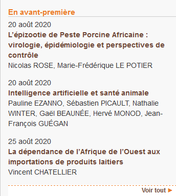 3 articles en avant-première sur INRAE Productions Animales (productions-animales.org/issue/view/255):  Épizootie de Peste Porcine Africaine, Intelligence artificielle et santé animale, Produits laitiers en Afrique de l'Ouest

Et la collection complète (1250 articles) depuis 1988 disponible !