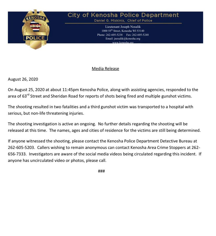 Current Kenosha Police statement on the incident-