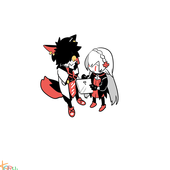 1girl 1boy black hair cat boy white background pointy ears furry  illustration images