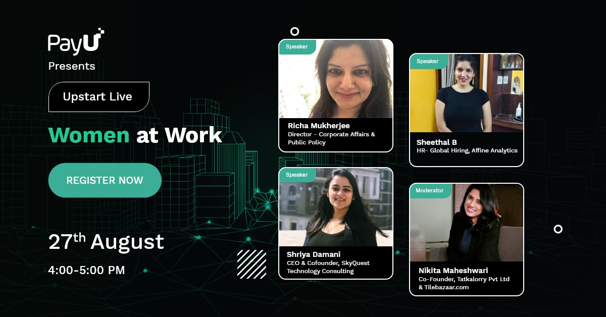 PayUindia's tweet photo. Learn how to compartmentalize work & home aspects effectively during #WFH, with #PayU #UpStartLive #webinar ‘Women at Work’ where senior executives from PayU, #tatkalorry #AffineAnalytics #SkyQuestTechnology share their learnings. Register https://t.co/x43wyrzih1 https://t.co/HzJWpNbdsx