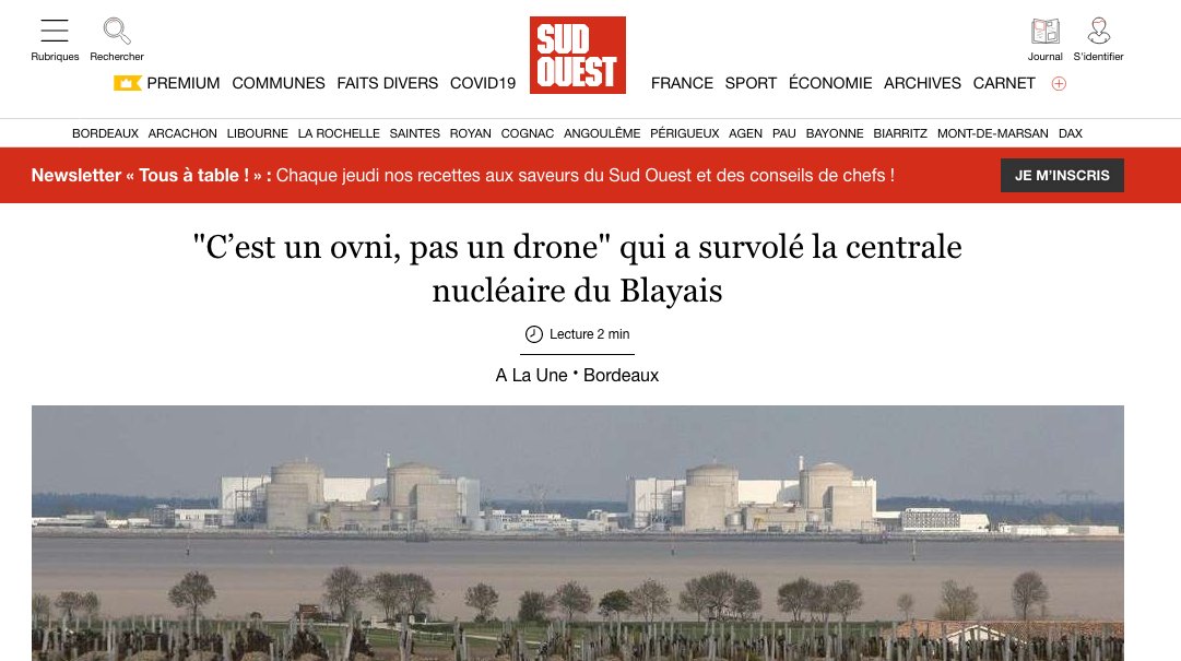 Lors de la présentation des résultats 2014 et des perspectives de la centrale nucléaire du Blayais, le directeur Pascal Pezzani déclare : "Ici, on n’a pas vu de drone. On a vu un ovni et il n’y a eu aucun impact sur la sûreté de nos sites."