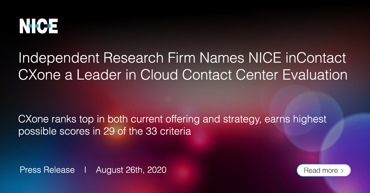 windsortanner's tweet image. Independent research firm names NICE @inContact CXone a Leader in Cloud Contact Center Evaluation. Our CXone ranks top in both current offering and strategy, earns highest possible scores in 29 of the 33 criteria.

Read more here. &amp;gt;&amp;gt;
okt.to/wORYvL

#CXone #contactcenter