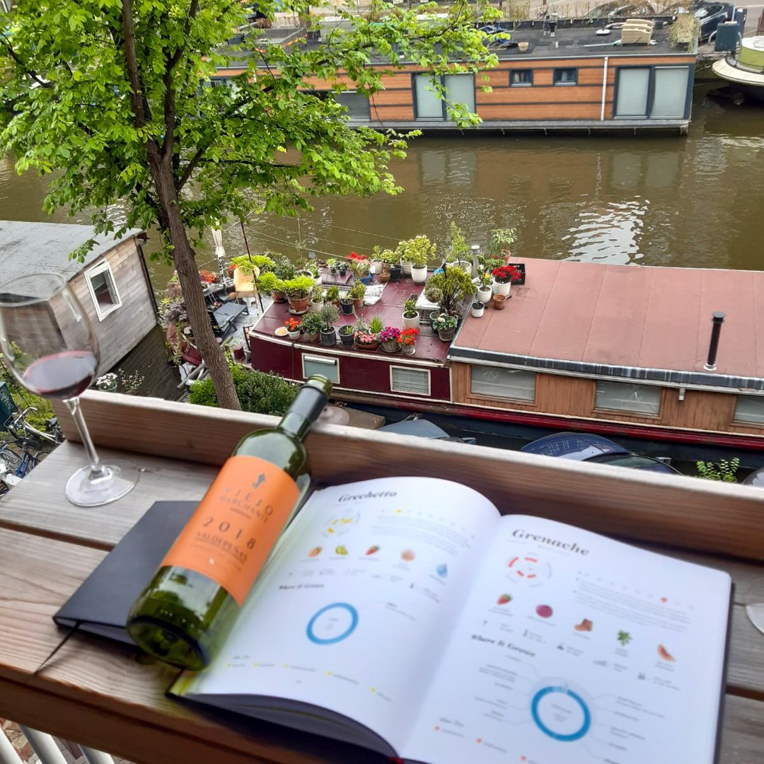 #winechallenge number 06 from <a href="/winefolly/">Wine Folly</a> on a warm summer night in Amsterdam
.
Viejo Marchante - Garnacha 2019
Colour:  Pale ruby
Viscosity: Medium
Smell: Black currant, cherry
Taste: Dry, low acidity, low/ medium tannin, high alcohol, medium body
Overall verdict: 4/5
.
📸 @the