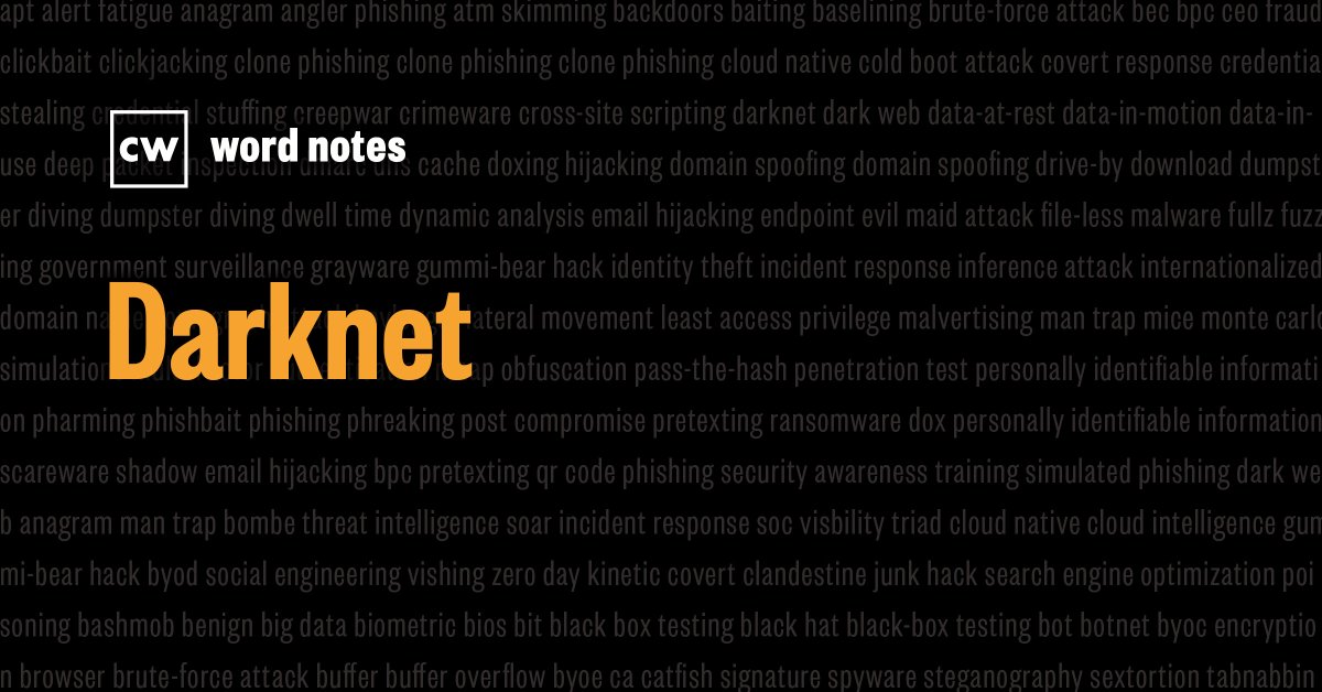 thecyberwire's tweet photo. #Darknet (noun)
A subset of the Internet where communications between two parties or client-server transactions are obscured from search engines & surveillance systems by layers of encryption.
Check out this #CWWordNotes for examples, origin, & a fun fact: https://t.co/leaQ0FrH4W https://t.co/4VYPyUEBUT