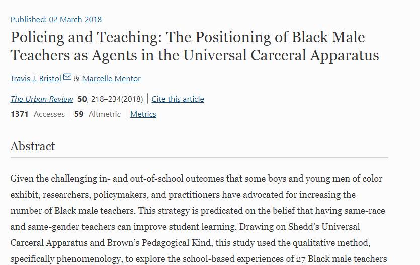 There are a variety of authors who write about it - including Monique Morris' work in  @FilmPushout, Carla Shedd's  @UnequalCity, and Tavis Bristol's work on Black male teachers. There's also the research on how Native children are treated in public schools versus tribal schools.