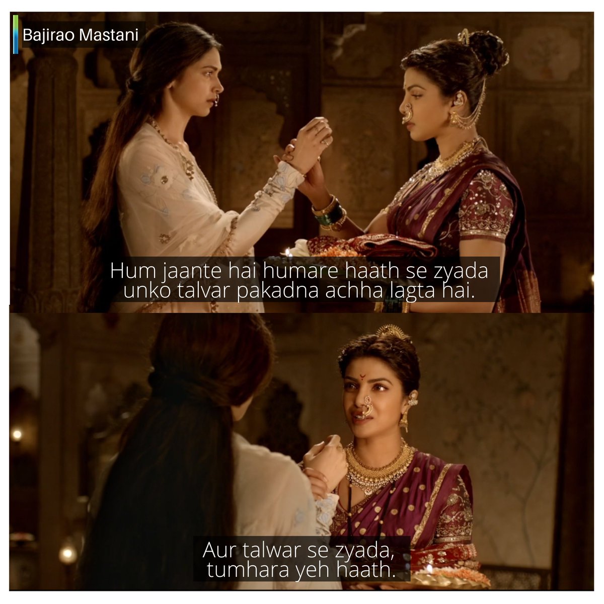 When the women of the mahal congregate to celebrate the festival of Haldi Kumkum, it is Kashi who, gift in hand, walks to Mastani Mahal. For a moment she slips and goads the woman her husband loves more. But immediately, she recovers her poise and chooses to be an ally.(5/10)