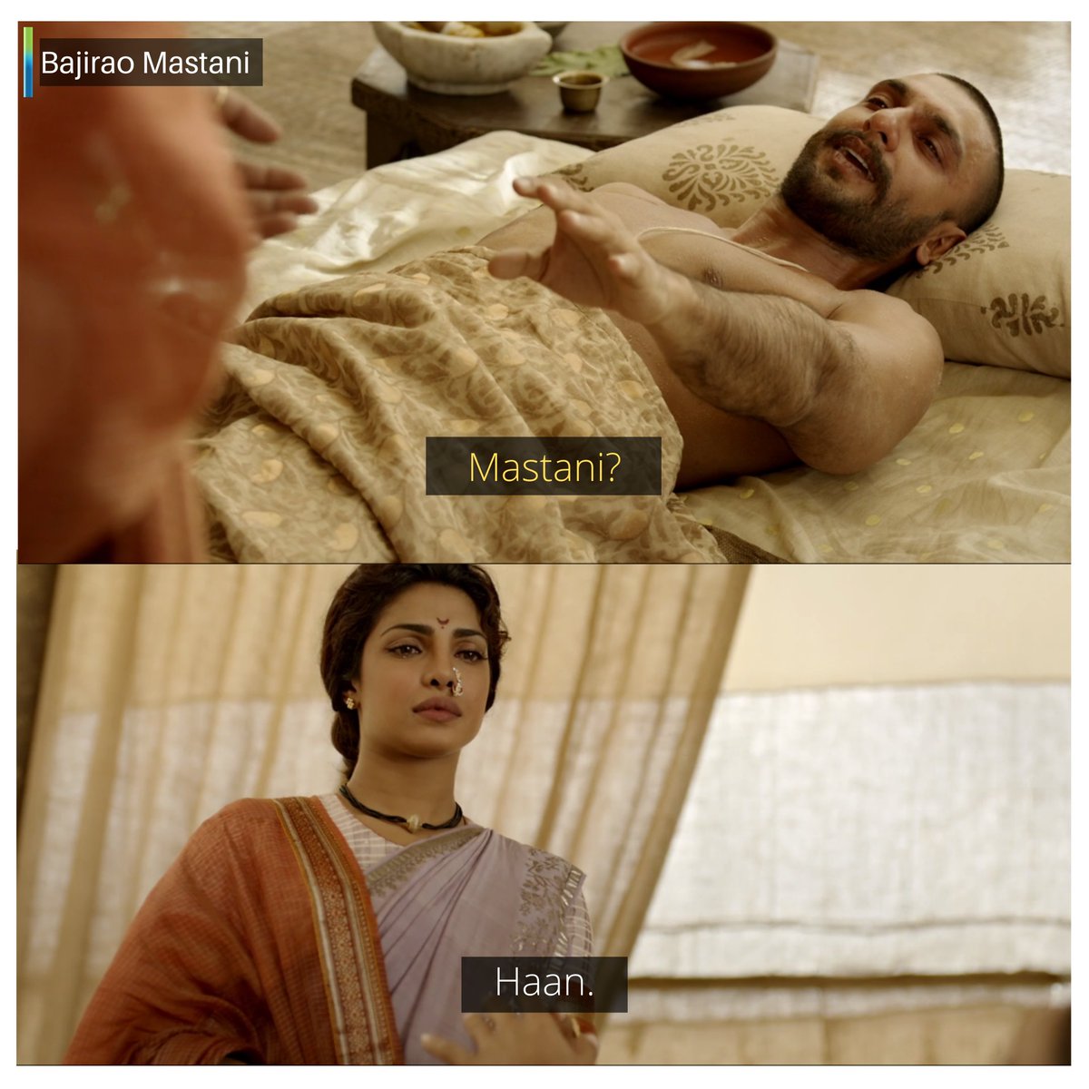 Yet she chooses, in a heart-wrenching scene, to let her husband mistake her for Mastani as he lays dying. (7/10)