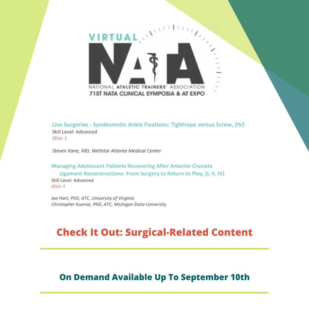 NATA_COPA's tweet image. Curious about surgical procedures and post-op return to play guidelines? Check out these 2 presentations on VNATA available on demand until September 10th! #VNATA2020