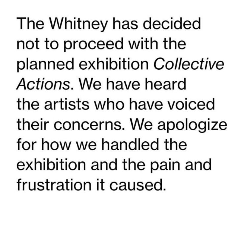 TresacoFunda's tweet image. #NoticiasDeUltimaHora El @whitneymuseum ha decidido no seguir con la exposición #CollectiveActions debido a las quejas colectivas de los artistas