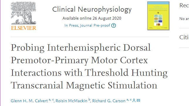 RoisinTCDNeuro's tweet image. Our new paper using fully automated threshold tracking TMS to investigate effects of conditioning stim intensity, coil orientation and ISI on dorsal premotor-M1 and M1-M1 interhemispheric inhibition, now in @ClinicalNeuroph 
Well done @GHMCalvert ! doi.org/10.1016/j.clin…