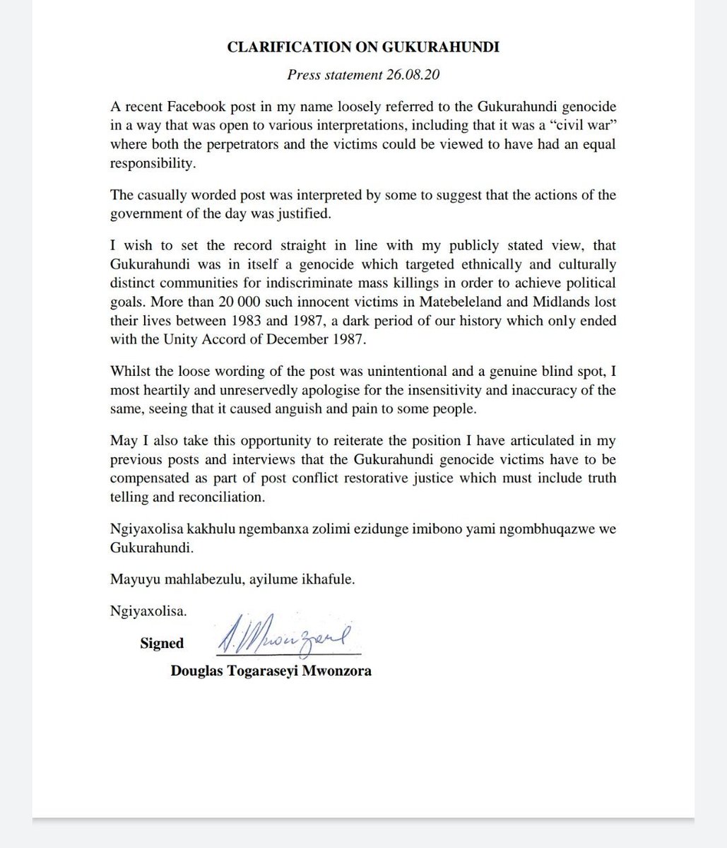 1/7. Yesterday  @DMwonzora wrongly referred to Gukurahundi as civil war. Today he backtracks & decides to play politics by calling it genocide. Our politicians don’t understand the history of the 80s & when they are caught out, they choose to politicise the history of that decade.