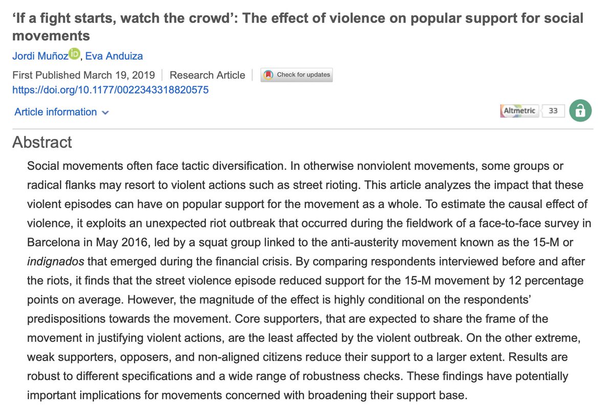 A recent paper, ”If a fight starts, watch the crowd,” helps explain two of the dynamics at play: On allegiance, how do allies respond when protesters initiate violence? On strategy, how does a broader public respond?  https://journals.sagepub.com/doi/10.1177/0022343318820575