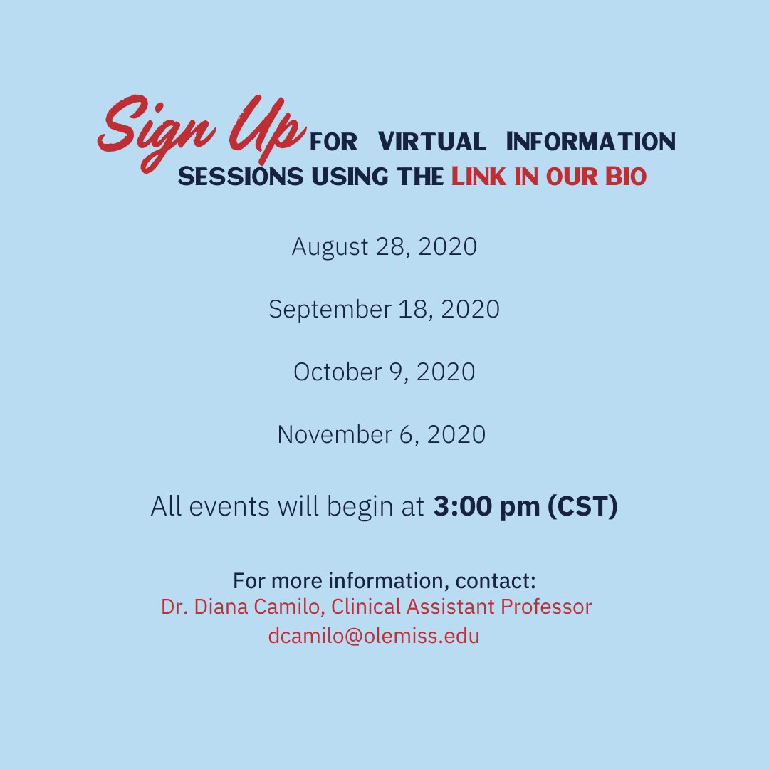 Throughout the semester, attend virtual info sessions to learn more about our graduate programs in clinical mental health and school counseling, conveniently offered at our Tupelo and DeSoto regional campuses as well as the Oxford campus. Sign up using the link in our bio!