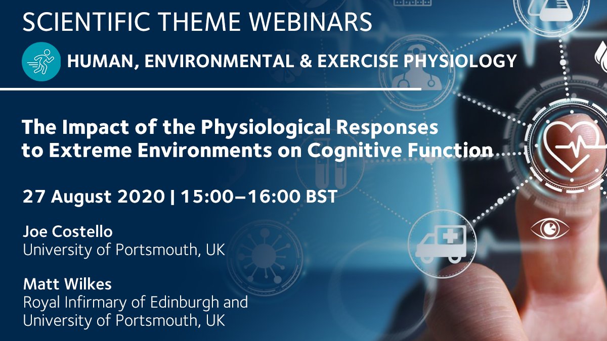 Looking forward to <a href="/ThePhySoc/">The Physiological Society</a> webinar tomorrow featuring <a href="/ProfMikeTipton/">Mike Tipton</a> <a href="/JoeCostelloPhD/">Joseph Costello</a> and <a href="/freeflightphys/">Matt Wilkes</a> 

The Impact of the Physiological Responses to Extreme Environments on Cognitive Function 

15:00-16:00 BST - 27th Aug 2020

Free to register: shorturl.at/qwAJ6