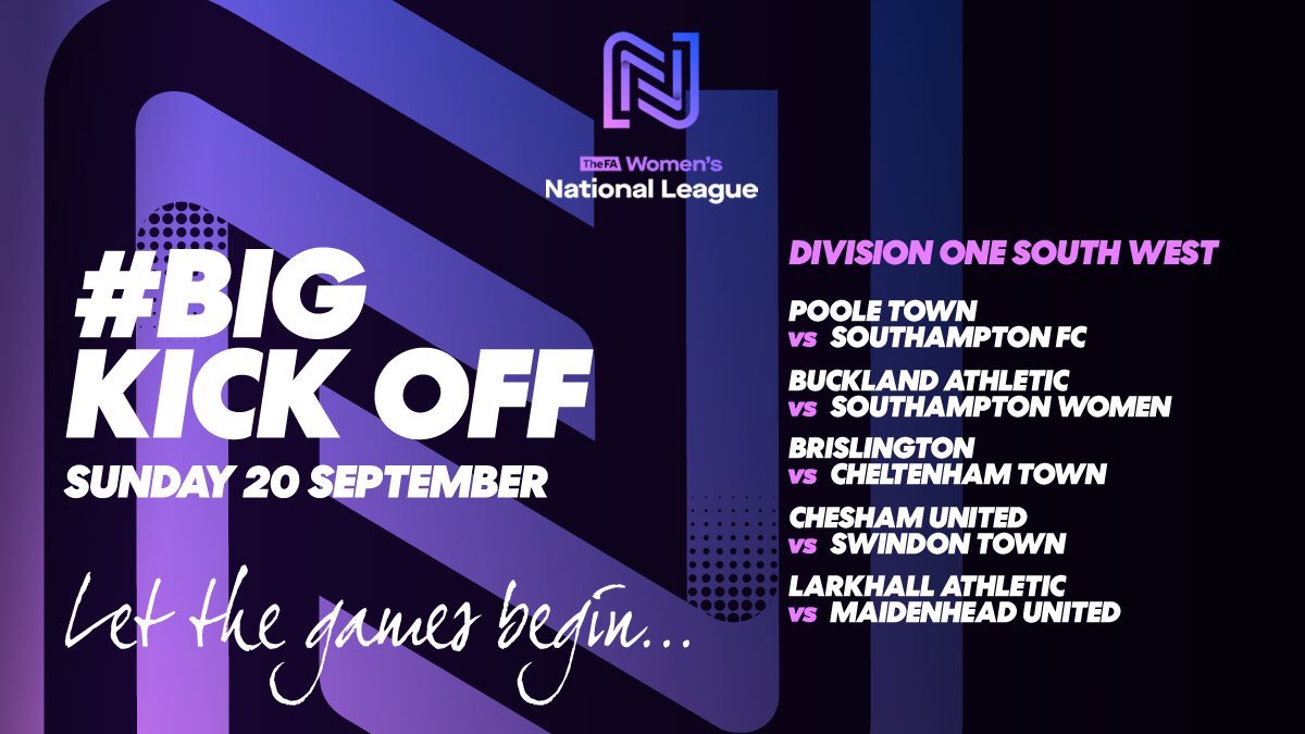 #BigKickOff | DIVISION 1 SOUTH WEST 

📅 Sun 20th Sept 

🆚 <a href="/PooleTownLadies/">Poole Town Ladies FC 🐬⚽️</a> v <a href="/SouthamptonFC/">Southampton FC</a> Women

🆚 @BAWomenFC v <a href="/SotonWomensFC/">Southampton Women's FC</a>

🆚 <a href="/BrislingtonLFC/">Brislington LFC</a> v @CTLadies 

🆚 <a href="/cheshamutdlfc/">Chesham United FC Women</a> v <a href="/SwindonTownWFC/">Swindon Town Women Football (C)lub</a> 

🆚 @larkhallALFC v @Maidenhead_WFC 

No game for <a href="/ExeterCityWFC/">Exeter City Women FC</a>. 

#FAWNL