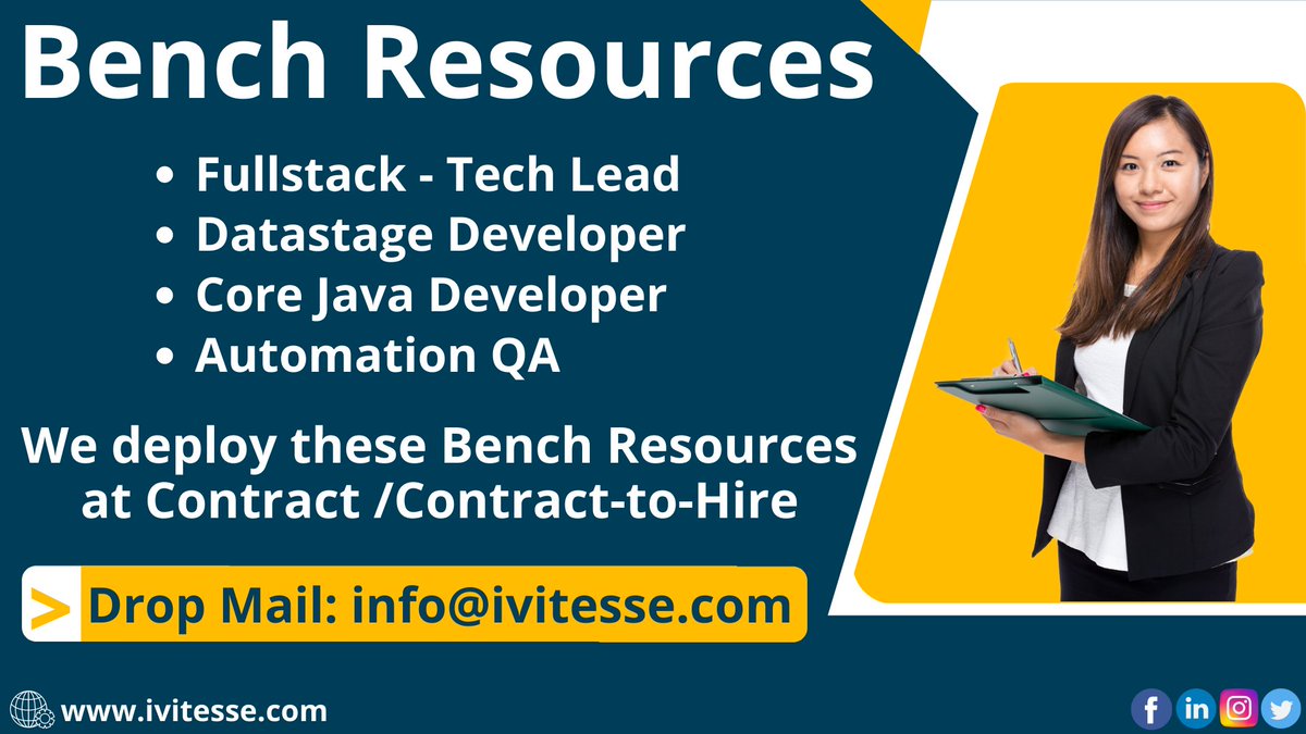 ivitessetech's tweet photo. 👉We Can Deploy these Bench Resources on Contract/ Contract-to-Hire.
📲Drop E-Mail: 📩 info@ivitesse.com
#BenchResources #resources #Contract #contracttohire #fullstack #datastage #datastagedeveloper #Corejavadeveloper #qaautomation #ivitesse #ivitessetechnology #pune #mail https://t.co/YYqIUiMrIP