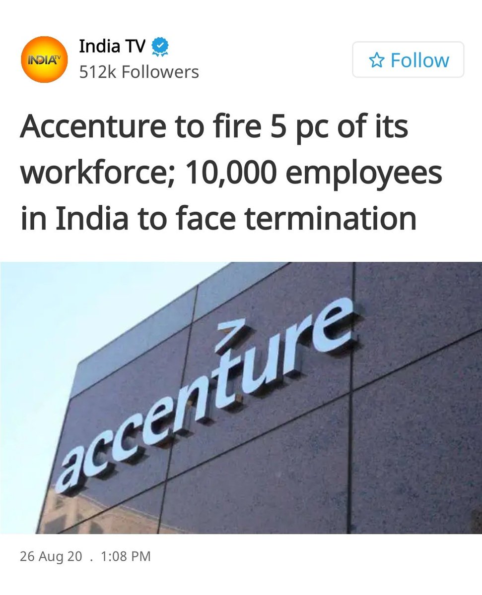 analytics_post's tweet image. Accenture to fire 5 pc of its workforce; 10,000 employees in India to face termination
dhunt.in/aKo7w?s=a&uu=0…