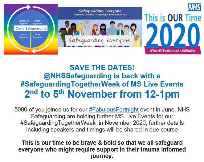 NHSsafeguarding's tweet photo. @kennygibsonnhs @CNOEngland @RandallCath @HilaryGarratt @BecsReynoldsNHS @RavinderKondel @MAAPPUK @MidwivesRCM @iHealthVisiting @Chelleefarnan @CathySheehan8 @SmithPennyNHSEI @EssParent @KNFMHBV @safelives_ Save the dates - 2nd to 5th November 2020, 12-1pm for our #SafeguardingTogetherWeek
Starting with @Visible_Boy and @Visible__Girl discussing their journeys with child sexual abuse
Then @StopItNowUK about dealing with perpetrators of child sexual abuse. https://t.co/JzuB6jCbcr