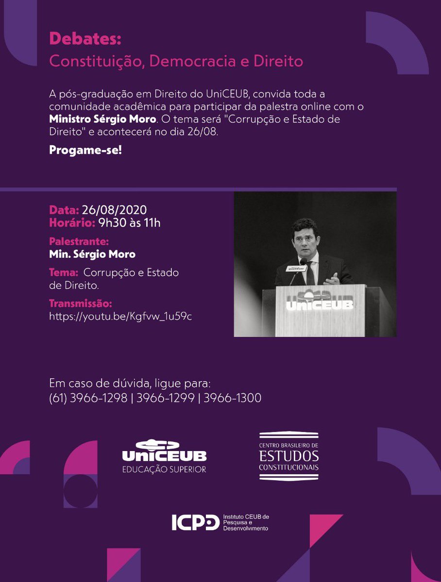 Inicio nesse semestre aulas no Uniceub, em Brasília. Hoje tem uma prévia, com palestra sobre Corrupção e Estado de Direito. Um assunto sempre atual e necessário.