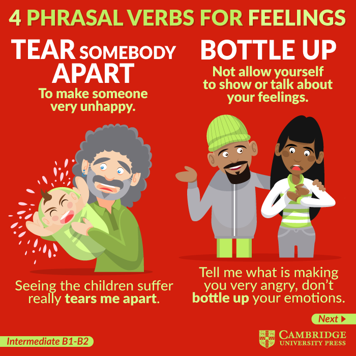CambridgeEngSP's tweet photo. ¿Cómo te hacen sentir los #phrasalverbs? Don’t let them tear you apart! 😃 Agrúpalos por temáticas y te será más fácil aprenderlos.
Lección extraída del libro English Phrasal Verbs in Use Intermediate. https://t.co/ZJYeeBE8nG