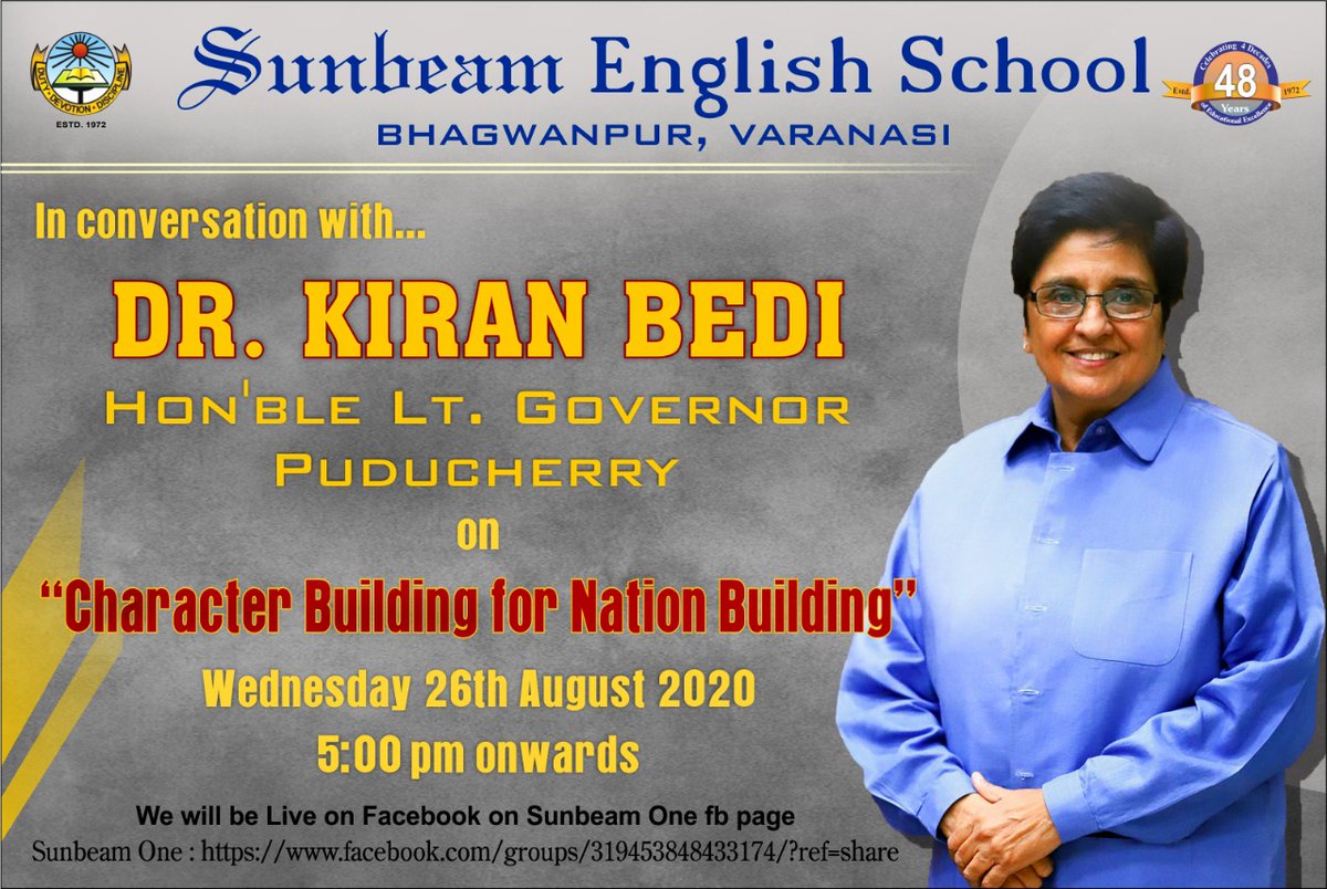 LGov_Puducherry's tweet photo. "Treat your body as a temple and the mind as the God ....invest in children to value their health" HLG @thekiranbedi in an online conversation on 'character building for nation building with the students of SunBeam English School @GhazipurSchool https://t.co/V18PKokge2