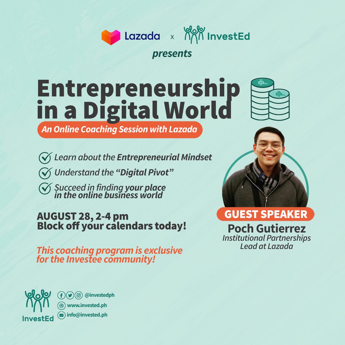 investedph's tweet photo. We have a special treat for the Investee Community! In partnership with Lazada, we'll be having a session on how to be an effective entrepreneur in the digital world this Friday.

Joining us is Lazada's own Institutional Partnerships Lead, Mr. Poch Gutierrez!

#InvestEdAko https://t.co/XI5iNCTIQJ