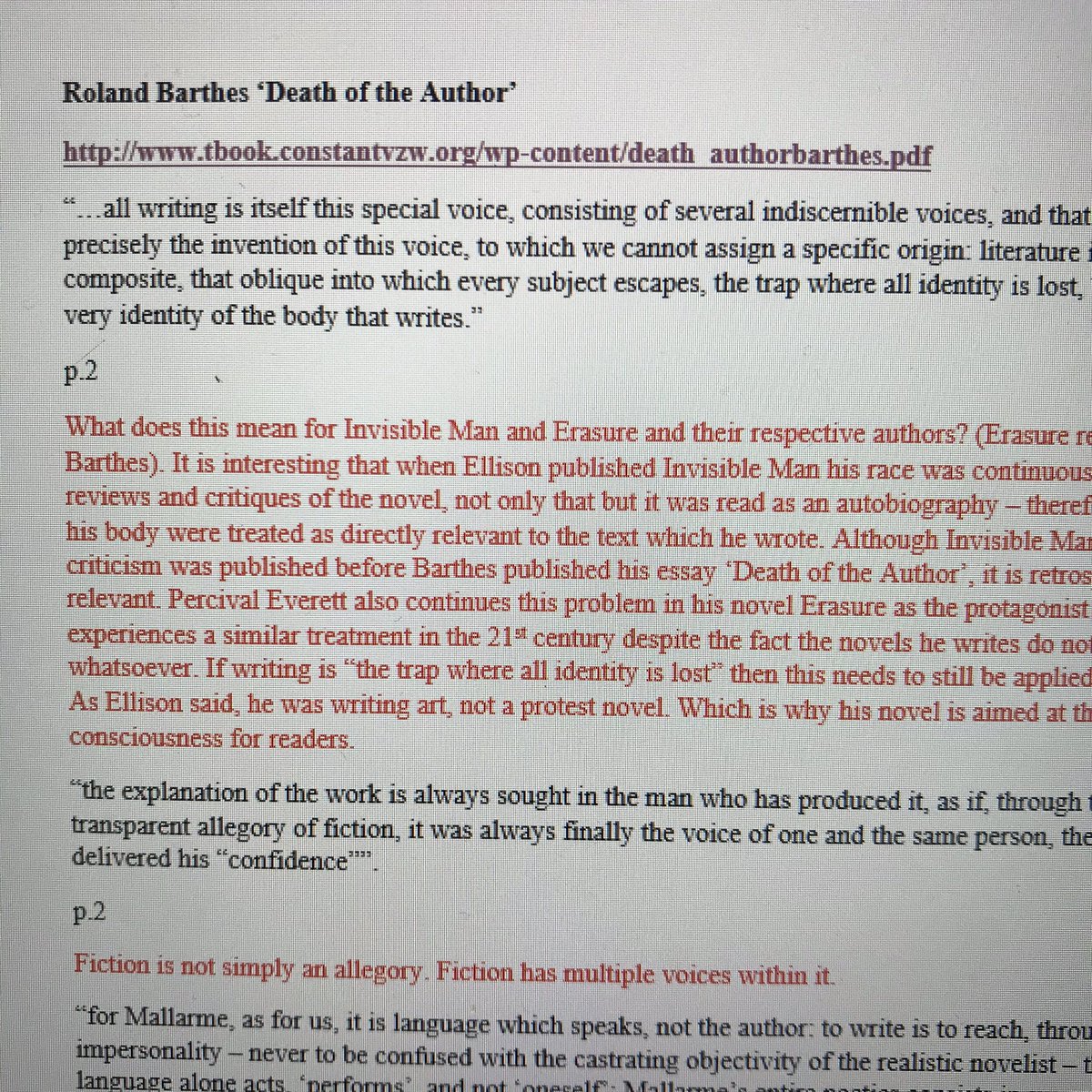 Notes on Barthes for my essay on racism in literature. I forgot to put the reference for this one but usually I would have that underneath the title & source link. Barthes is quoted in black, I also put the page number and my thoughts are colour coded in red to distinguish them.