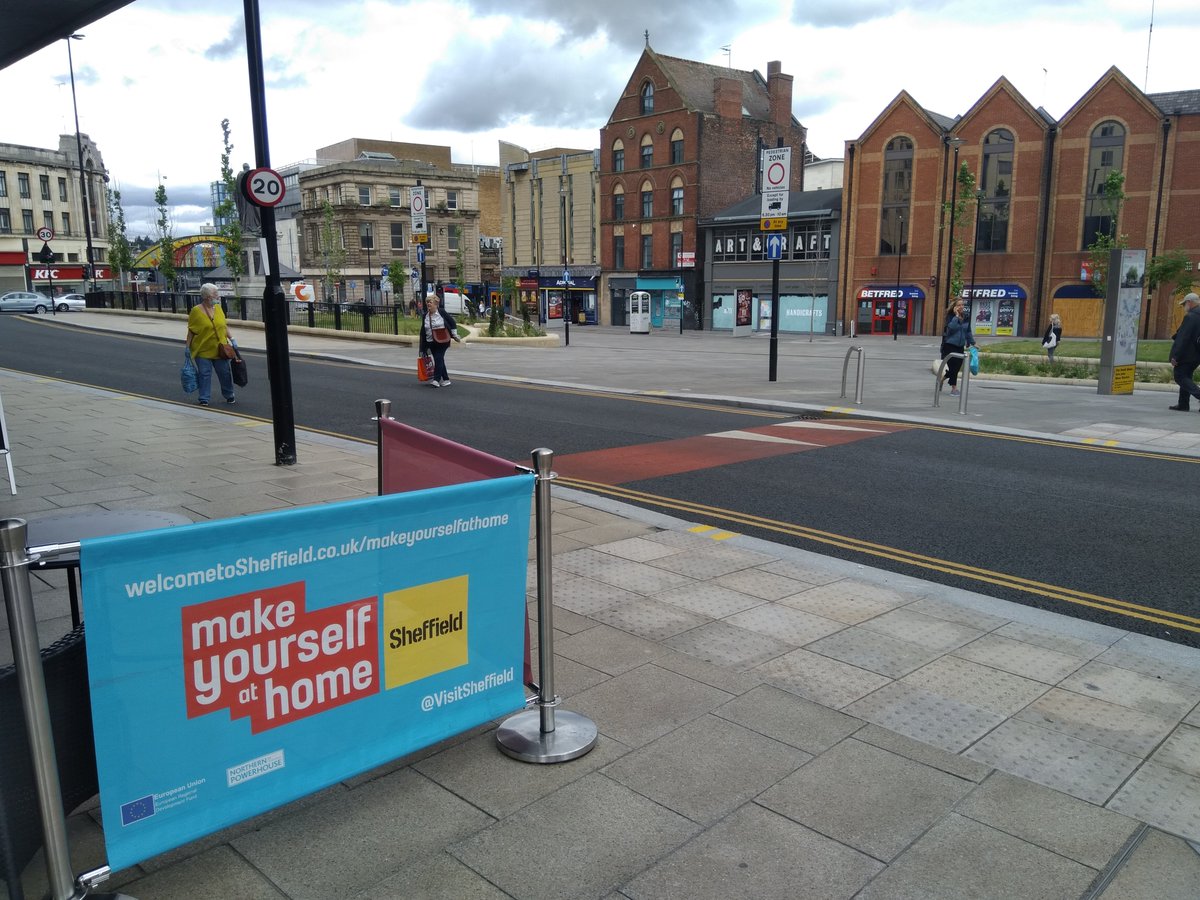 DavidWalsh_M's tweet photo. Fitzalan Square looking good. Two new shops on way, one empty unit and Hygge cafe doing brisk business (and being witty) #Sheffield https://t.co/f9IDmh0IU6