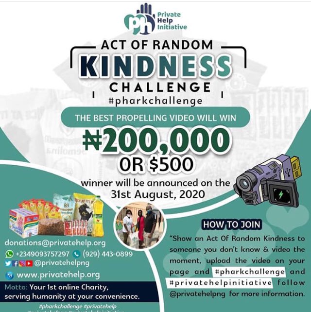 privatehelpng's tweet photo. Here is how to join the challenge to win 200,000 naira CASH.
Show an act of random kindness to someone you don’t know, and video the moment, upload the video on your page and #hashtag Private Help Act Of Random Kindness. #pharkchallenge #privatehelpinitiative https://t.co/pUCjOXE981