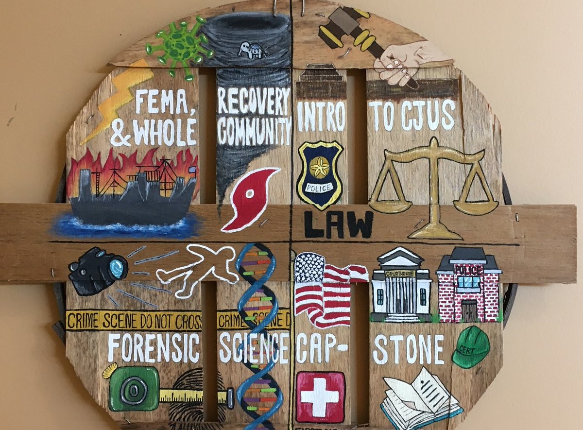 CteDcps's tweet photo. Recent graduate Abby Robinson and her sister Lauren turned this crab basket lid into a summary of the Emergency Management and Forensic Science pathway. https://t.co/LFinQGUuIp