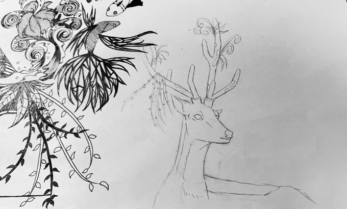 鹿。子鹿も左に足す予定。下書きしながらのペン画久々で、シャーペンで描いた汚れが付いて残らないか気が気じゃない? #絵描きさんと繋がたい #鹿 #魚 #イラスト好きな人と繋がりたい #ペン画 #アナログイラスト #絵描き #アナログ絵 #アナログ #イラスト #絵 