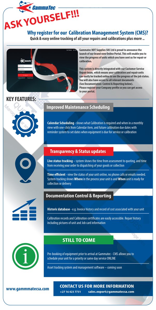 GammatecNDT's tweet photo. ASK YOURSELF!
Why register for our Calibration Management System (CMS)?
Quick & easy online tracking of all your repairs and calibrations plus more..
Contact Us today to find out more!
https://t.co/DPJr6BSpA9
#CMS #CalibrationManagement #Tracking #onlineportal https://t.co/tdrxLqg8bE