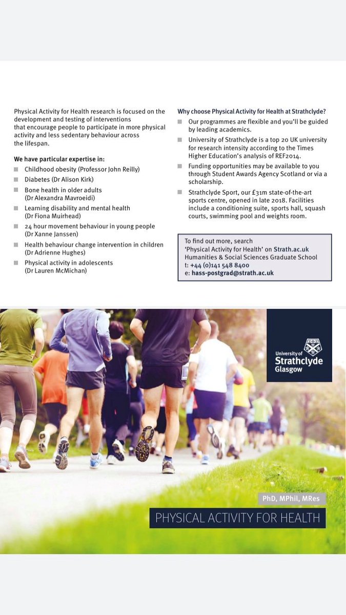 Finished your undergrad degree and wondering what to do next. Come and study on our new MRes degree in #PhysicalActivity &amp; Health <a href="/UniStrathclyde/">University of Strathclyde</a>
More details and link to apply @ strath.ac.uk/courses/resear… Please RT x