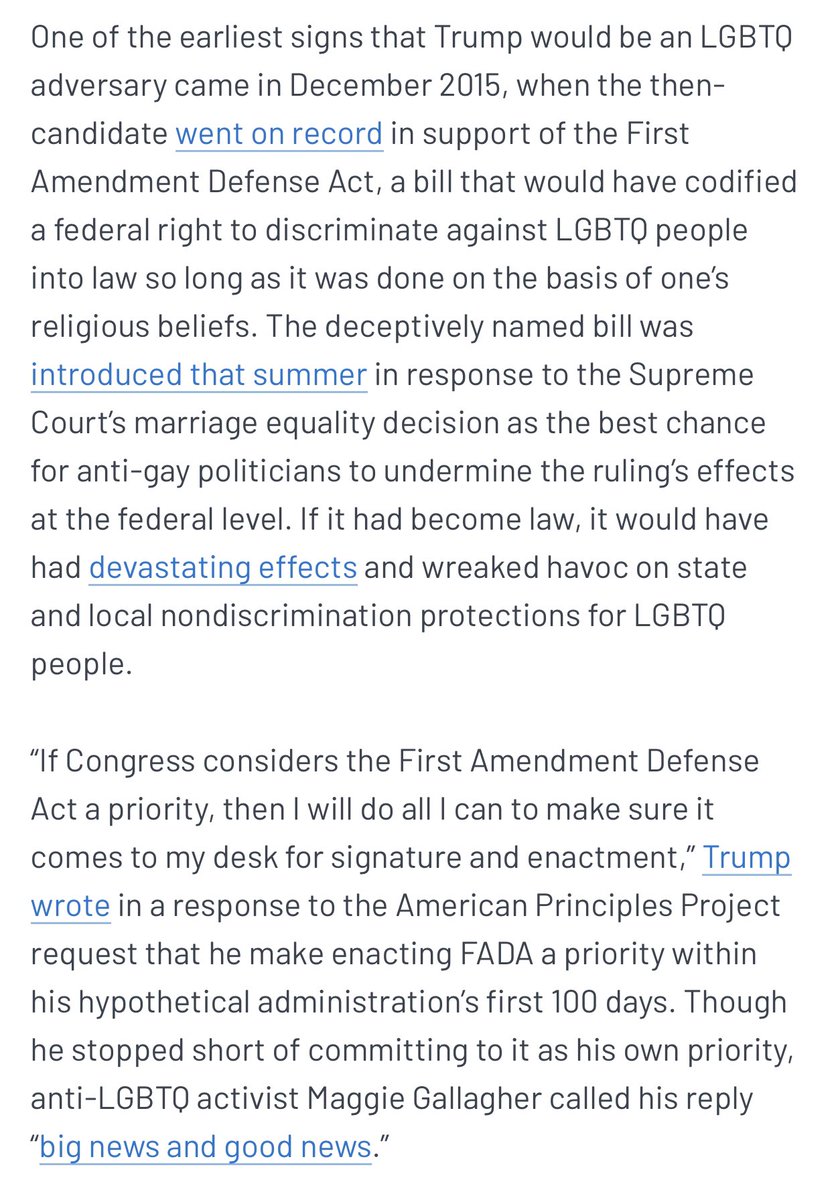 In 2016, he repeatedly advocated for anti-LGBTQ policies, talked about appointing anti-LGBTQ judges. He even tried to accuse Ted Cruz and Marco Rubio of secretly supporting LGBTQ rights (which is laughable, but also, means he was trying to portray himself as *against* those)