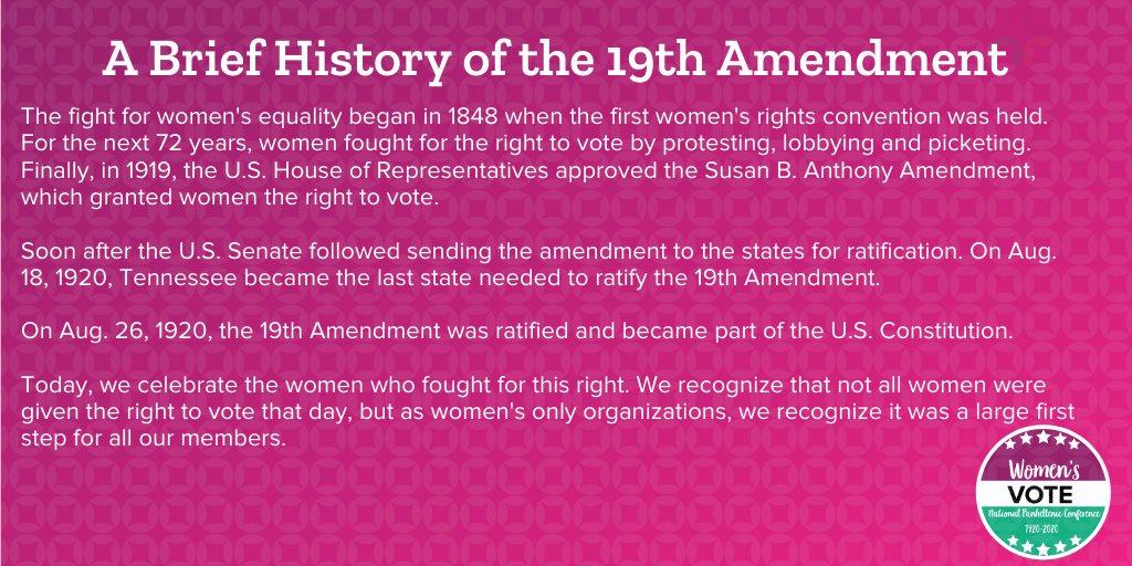 We are so excited to celebrate the 100 year anniversary of the 19th Amendment that gave women* the right to vote! Do you know how the Amendment was passed? Check out this very brief history!  #WomensVote100