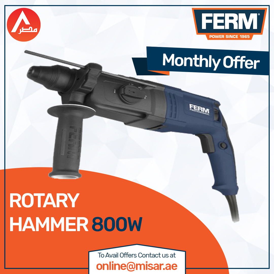 FERM® HDM1038P ROTARY HAMMER 800W 
-  4 Functions (drilling, hammer drilling, chiselling, free rotation chiselling)
-  Universal SDS-plus chuck
-  Variable electronic speed control
-  3m rubber cable
-  Storage case
.
.
#firm #rotary #rotaryhammer #dubai #uae #offer #bestdeal